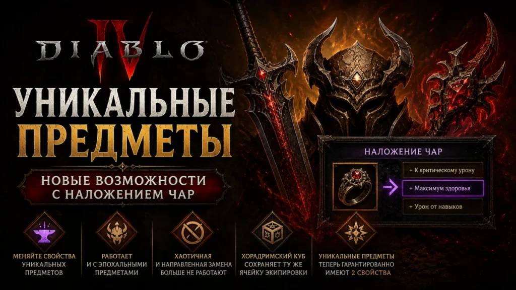 Уникальные предметы Diablo IV — изменение свойств наложением чар