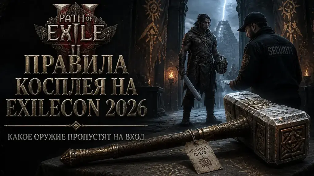 Path of Exile 2 ExileCon 2026: косплеер с лёгкой копией оружия у входа на конвенцию