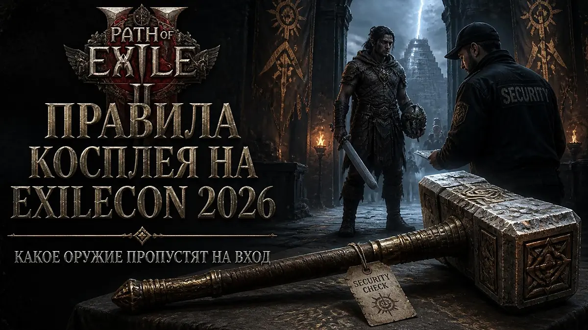 Path of Exile 2 ExileCon 2026: косплеер с лёгкой копией оружия у входа на конвенцию