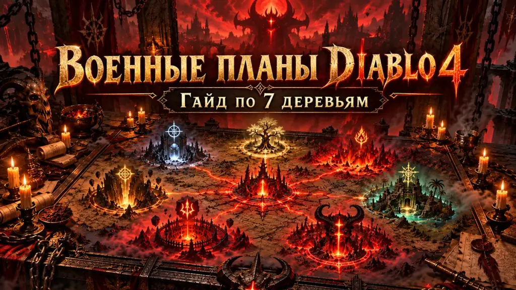 Военные планы Diablo 4 — карта семи деревьев улучшений с маршрутами активностей и демоническими символами