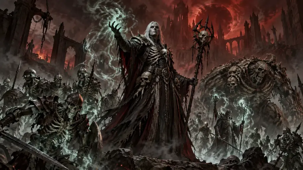 Некромант через суммонов в Diablo 4 призывает армию скелетов и мертвецов