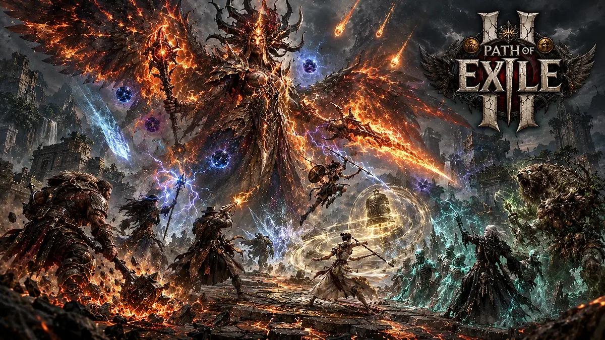Path of Exile 2 — герои разных классов сражаются с огненным падшим ангелом пепла